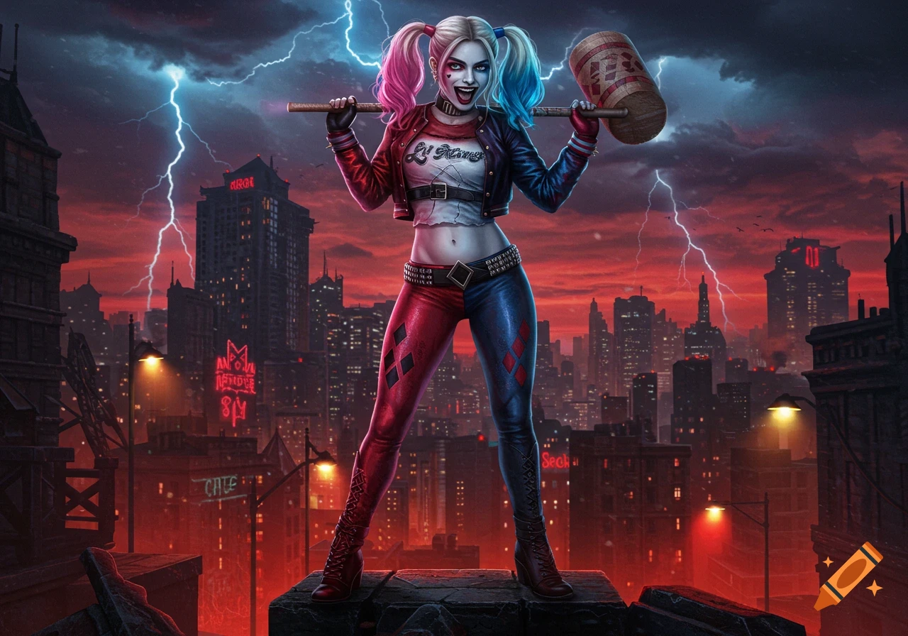 Harley Quinn standing on a rooftop holding a mallet against a lightning-filled night city skyline, digital art.