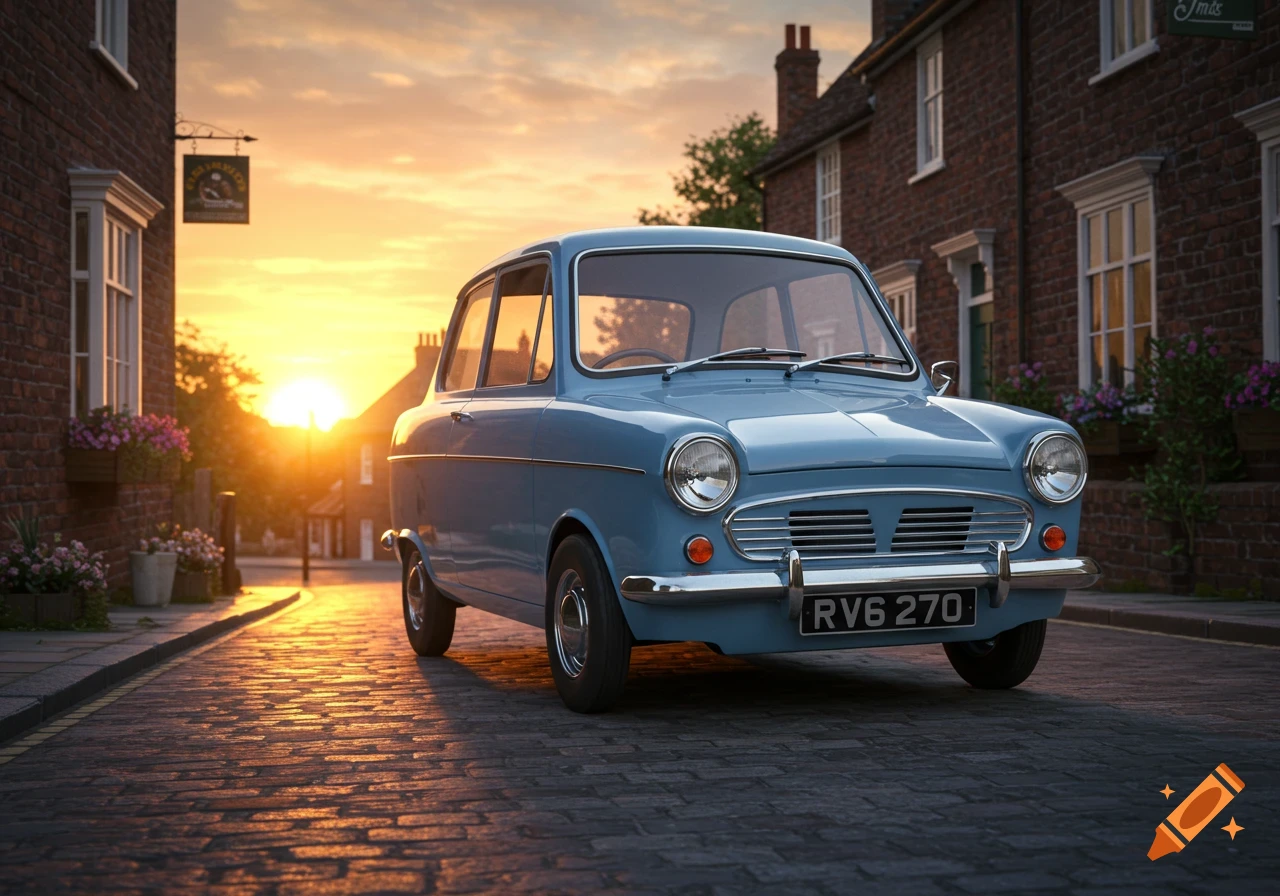 A blue vintage car is parked on a cobblestone street at sunset, with brick buildings and glowing light in the background.