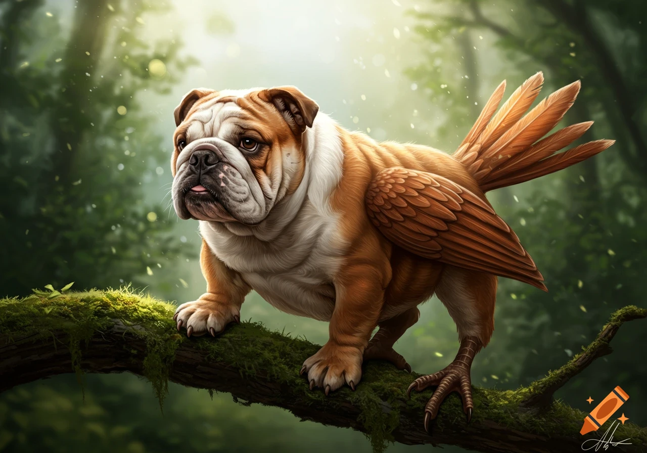 A bulldog-bird hybrid with brown and white fur, wings, and talons, stands on a moss-covered tree branch in a magical forest.