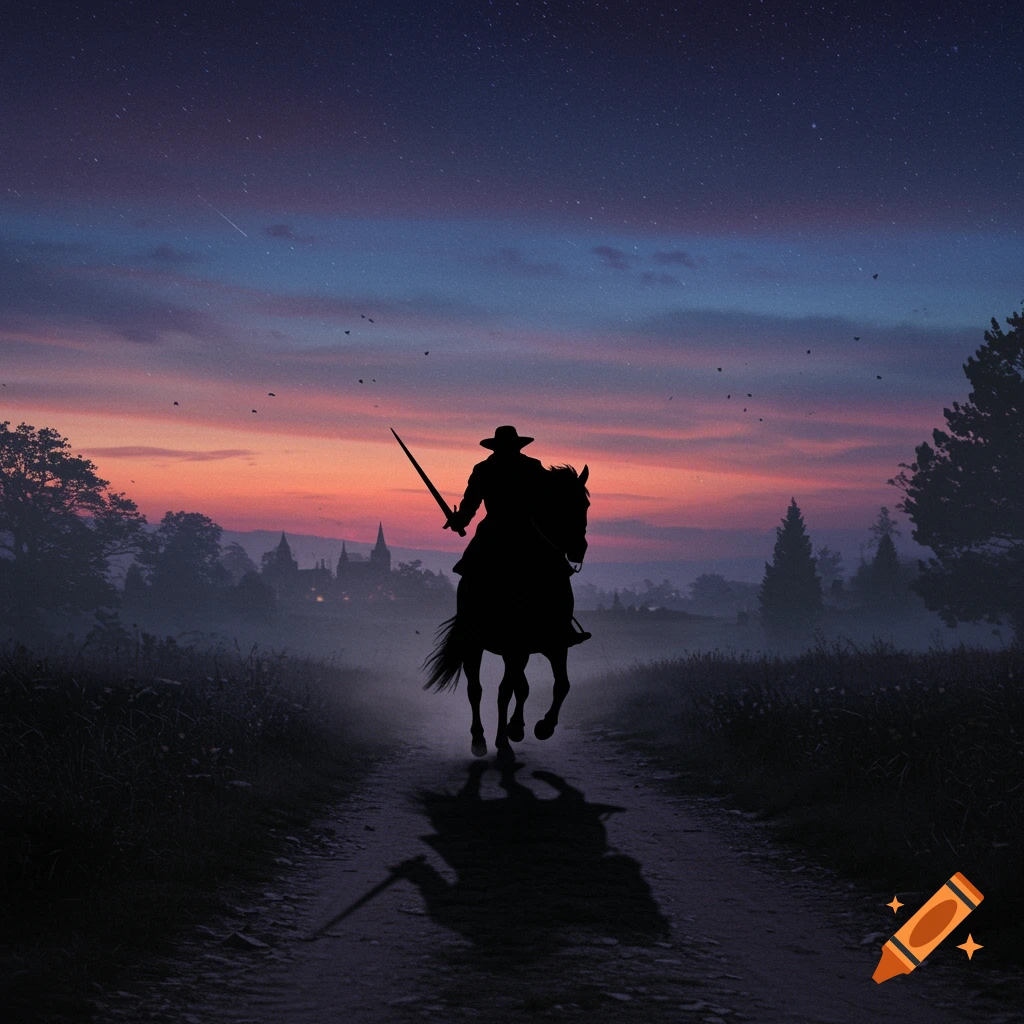 A silhouetted figure on horseback holds a sword, riding down a path towards the viewer at sunset with a starry sky and distant castle.