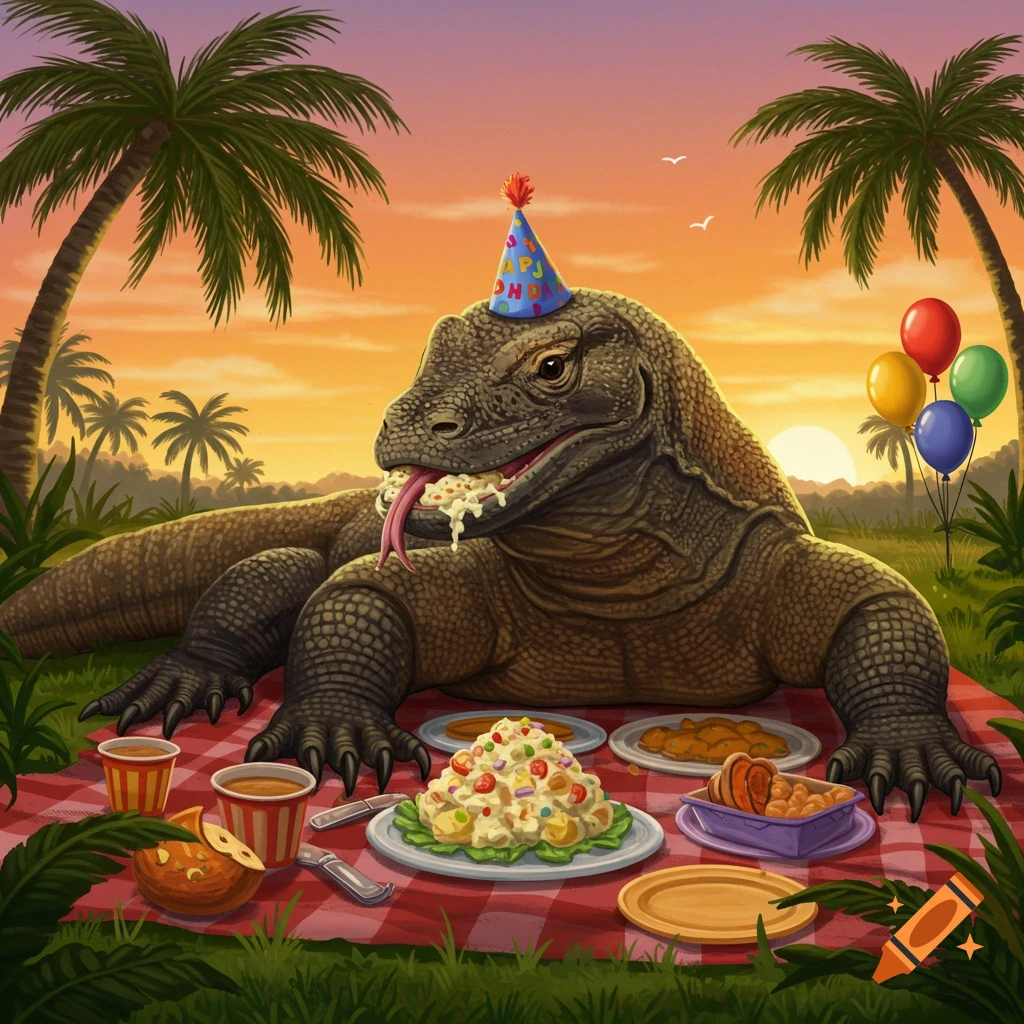 A Komodo dragon wearing a party hat eats potato salad at a sunset picnic under palm trees, with balloons nearby.