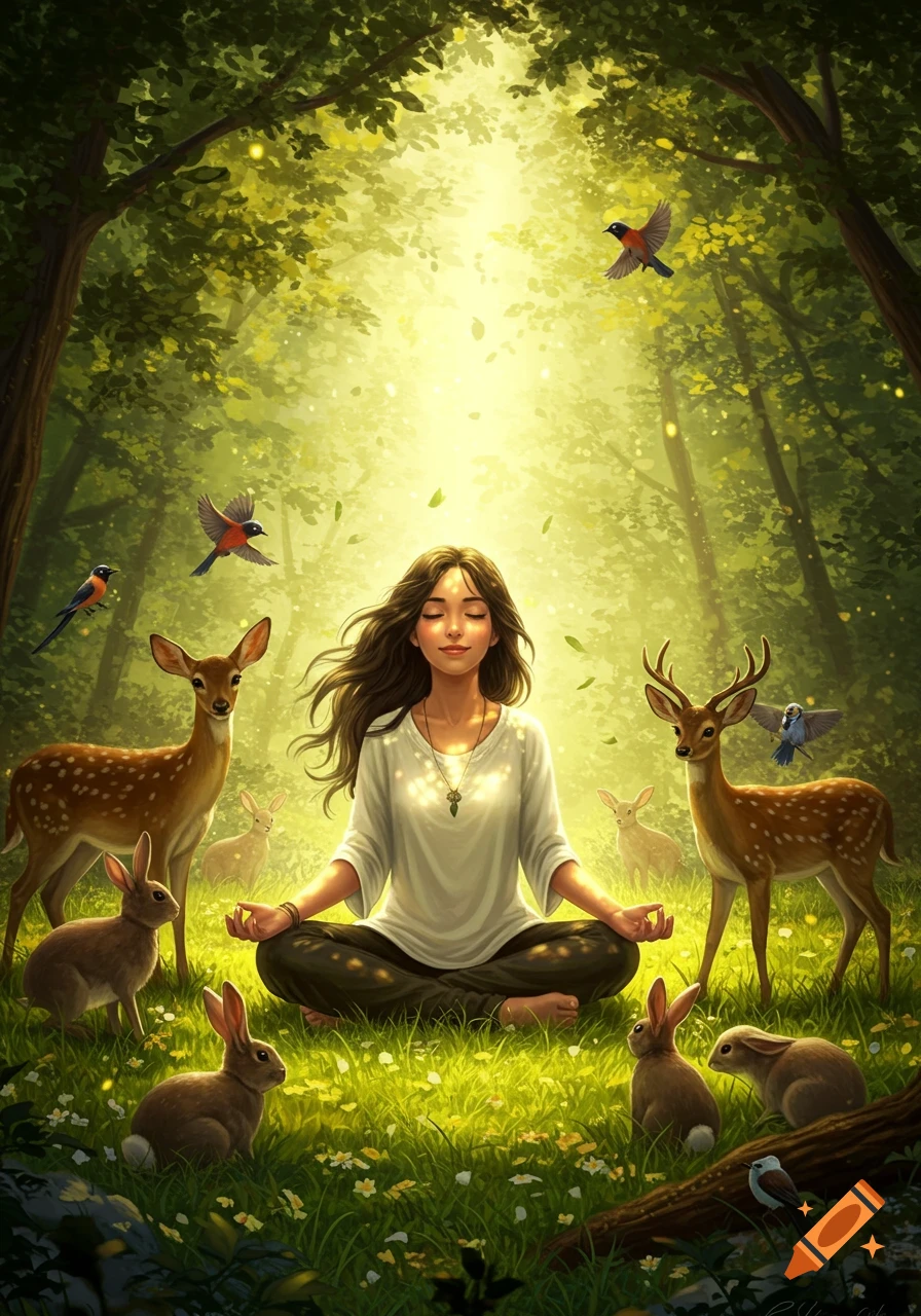 A young woman meditates peacefully in a bright, sun-drenched forest clearing, surrounded by deer, rabbits, and birds.