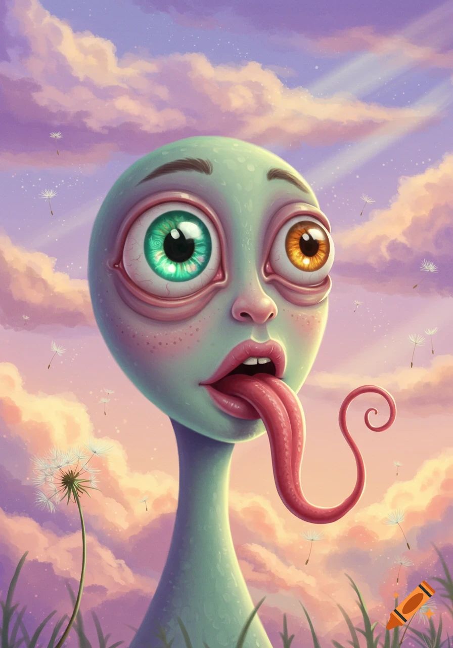 A whimsical, light-green creature with mismatched large eyes and a long, curly red tongue sticking out, set against a purple and orange sky with dandelions.