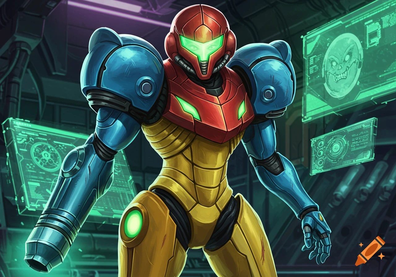 Samus Aran in her power suit standing in a futuristic, tech-filled environment with glowing green screens.