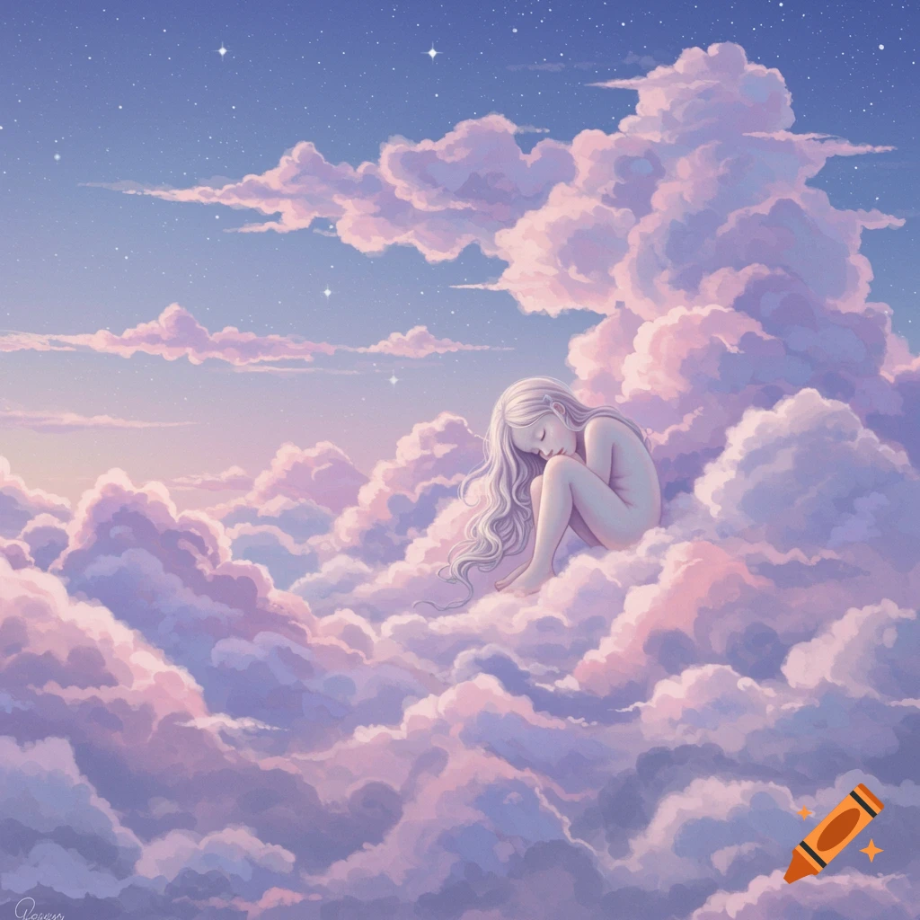 A girl with long white hair sleeps curled up on pink and purple clouds under a starry night sky, in a dreamlike, ethereal illustration style.