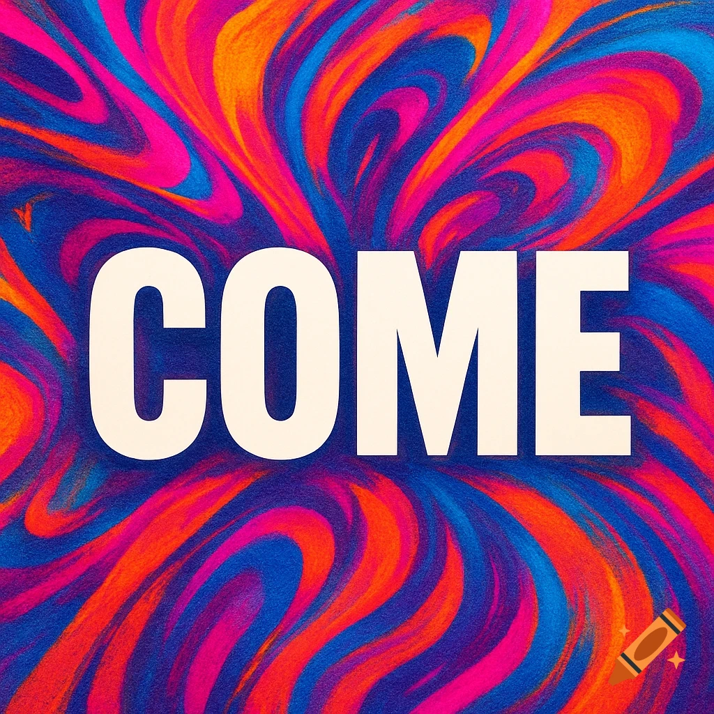 White bold "COME" text on a vibrant, swirling abstract background of blue, pink, and orange.