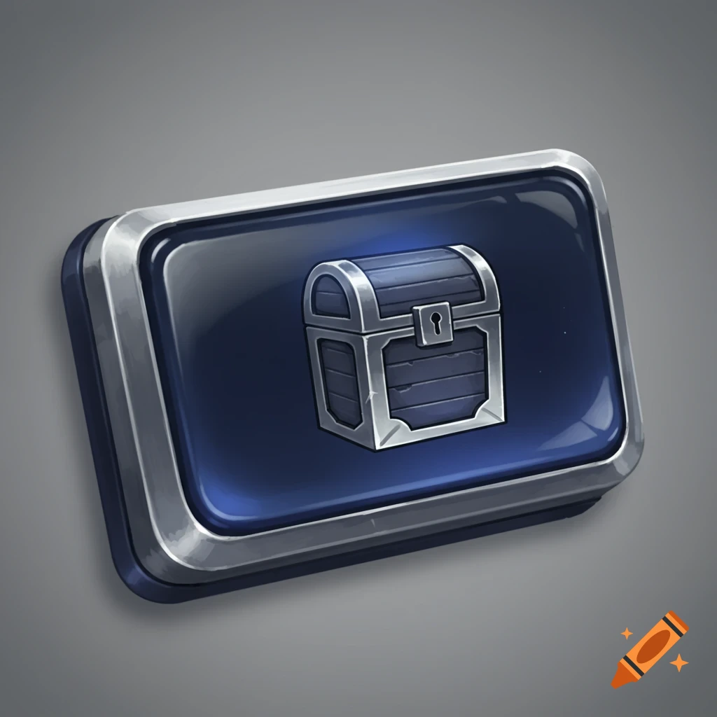 Stylized blue inventory button with a silver frame and a detailed treasure chest icon.