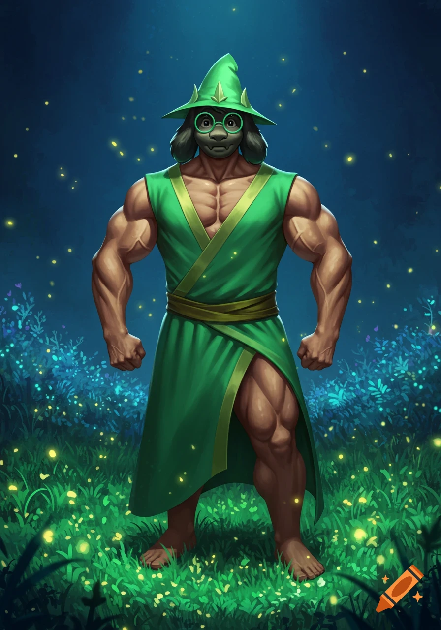 A buff, anthropomorphic goat-like character in a green hat and robe stands in a glowing field at night.