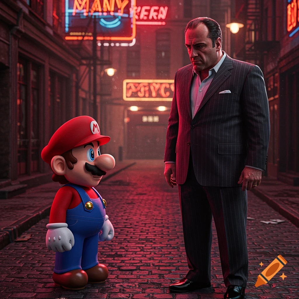 Mario stands on a wet, red-lit cobblestone street looking up at Tony Soprano, who stands tall in a pinstripe suit.