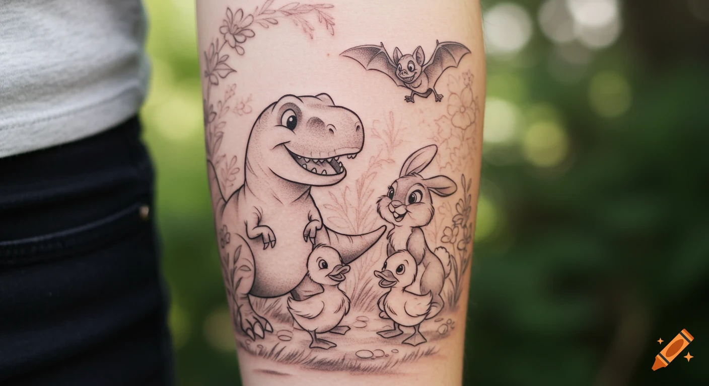 A black and grey tattoo on an arm depicting a smiling T-Rex, a bunny, a bat, and two ducklings surrounded by foliage.