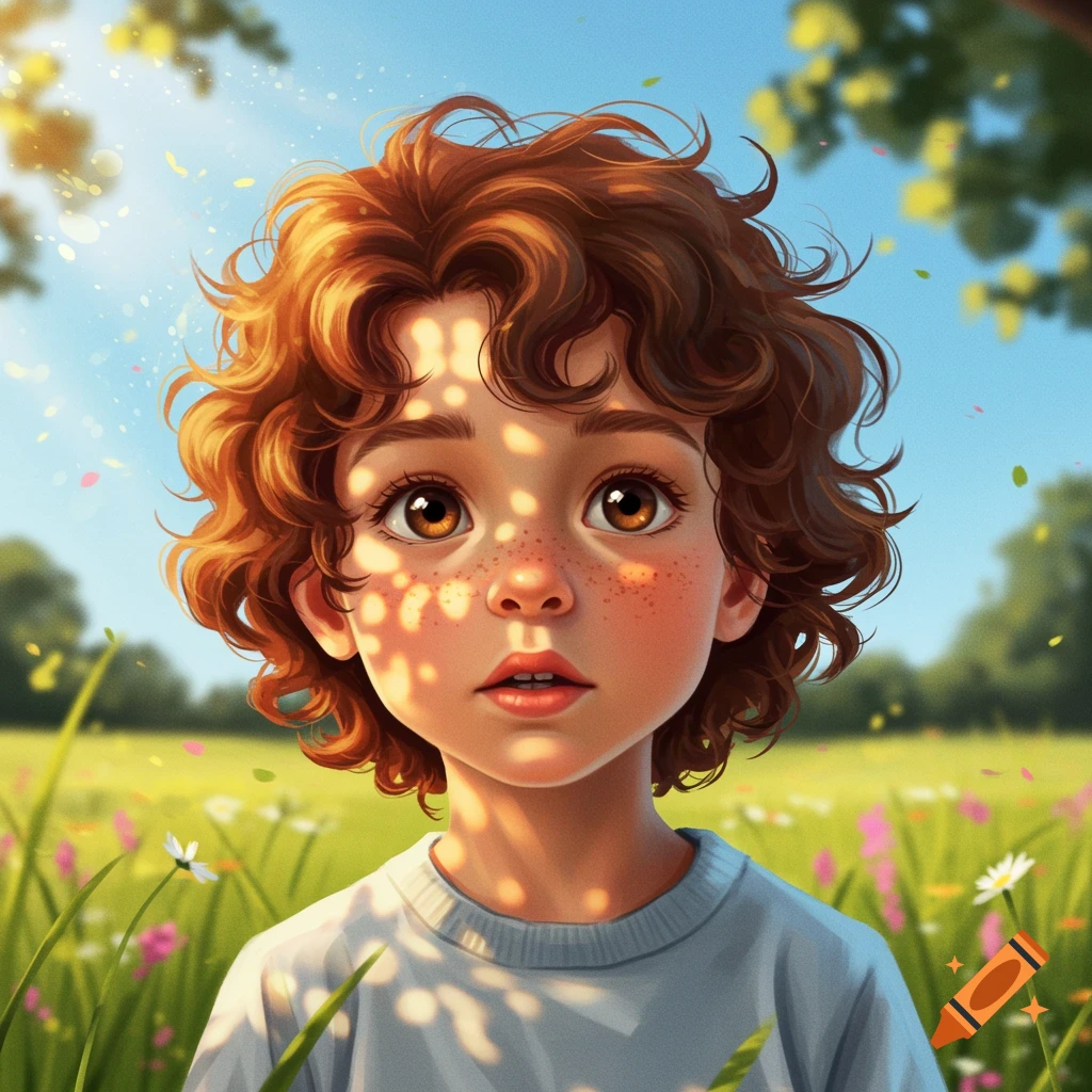 Close-up portrait of a young child with curly hair and freckles, dappled sunlight on their face, in a bright grassy field with wildflowers.