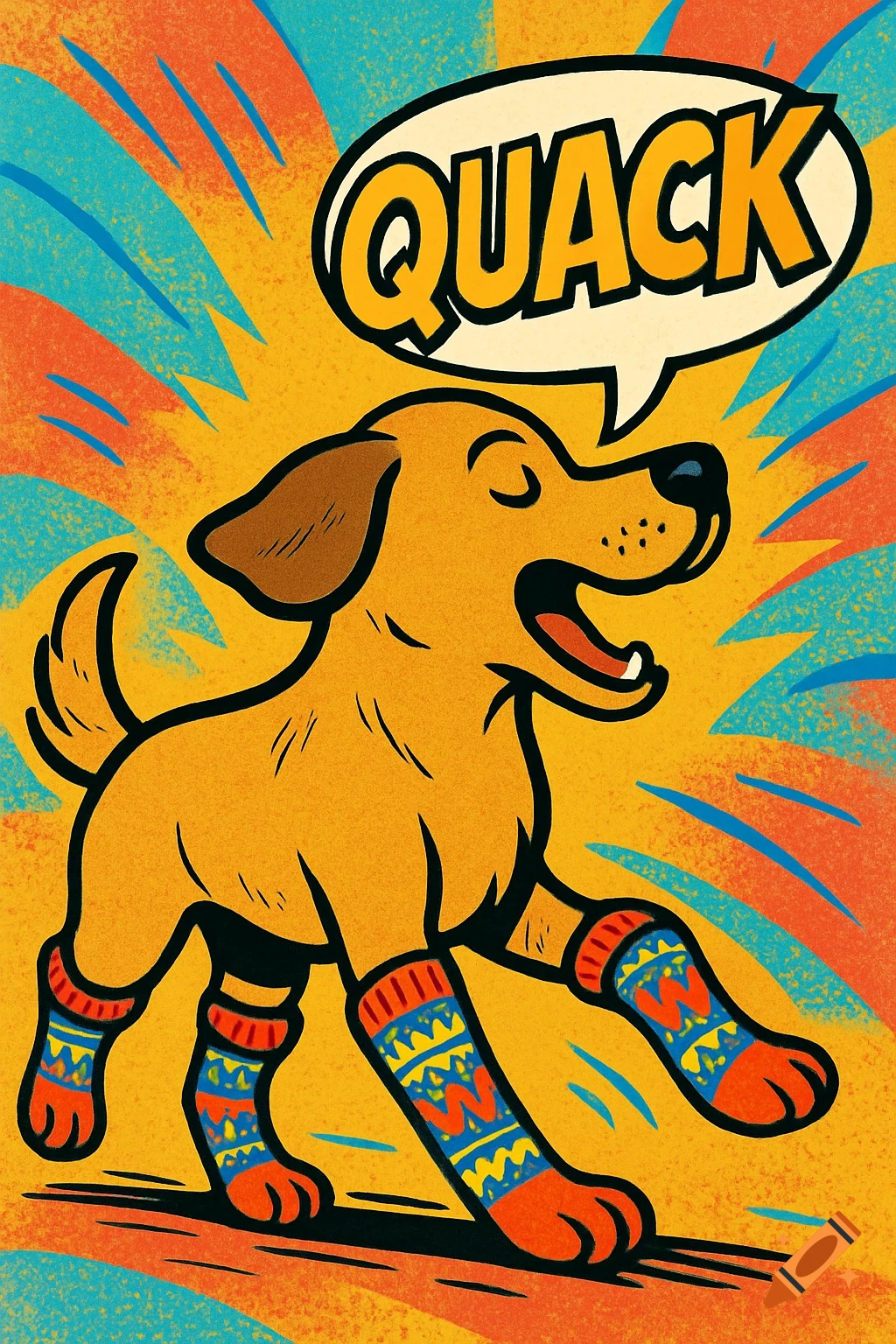 A cartoon dog in colorful socks with a speech bubble saying "QUACK" against a vibrant orange and blue background.