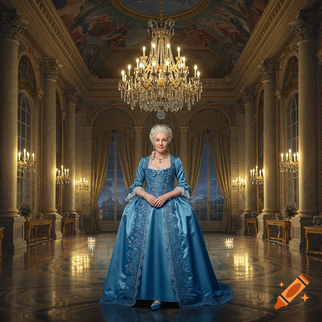 A woman in a blue 18th-century gown stands in a grand, ornate ballroom with chandeliers and large windows.