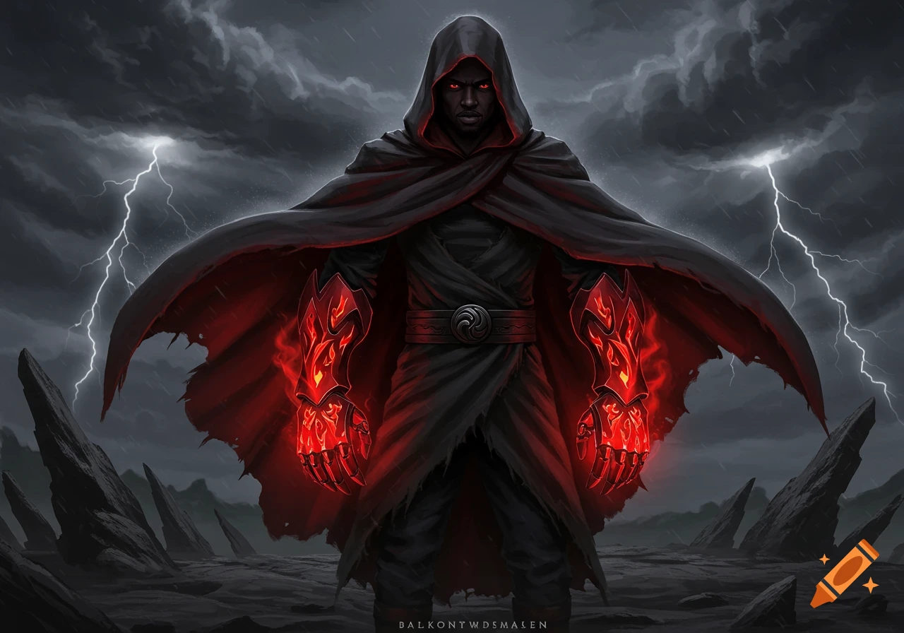 A dark cloaked figure with glowing red gauntlets stands under a stormy sky with lightning.