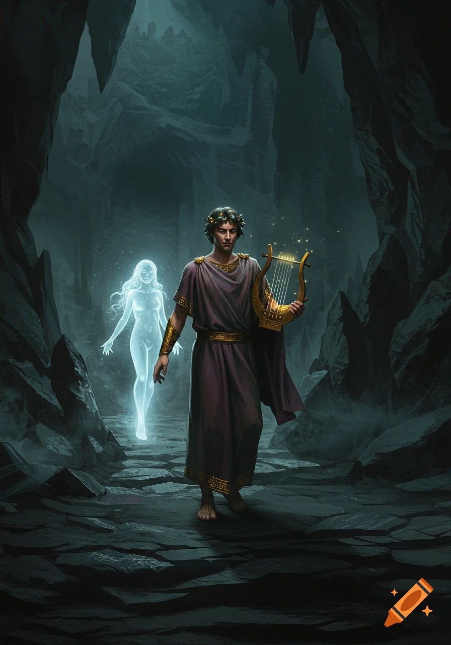 Orpheus leads a glowing Eurydice through a dark cave, holding a lyre in this fantasy illustration.