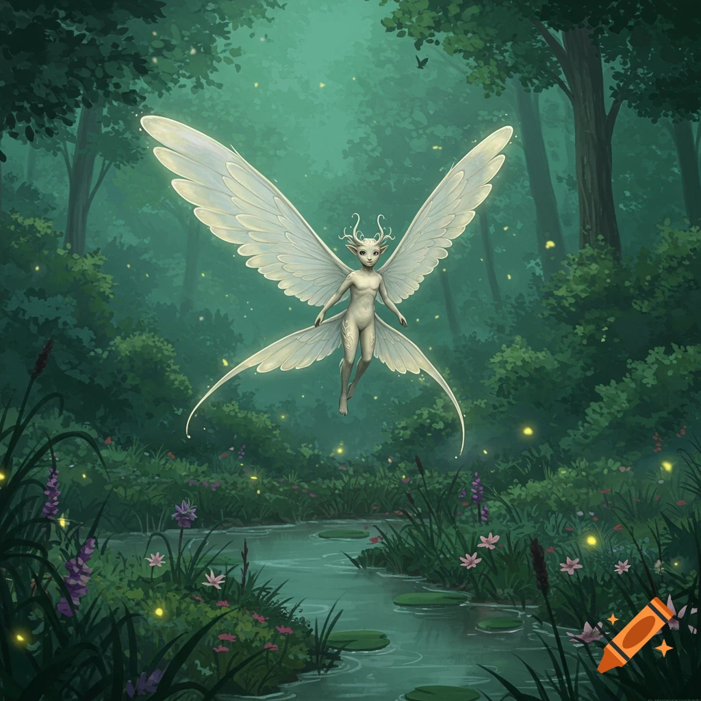 A pale, white-winged fairy-like creature floats above a stream in a lush, magical forest at dusk, with glowing fireflies.