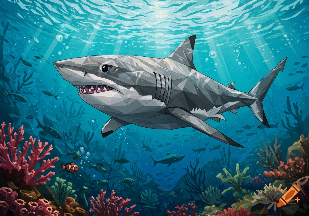 A cubist drawing of a gray shark swimming among red coral and small fish in a bright blue underwater scene.