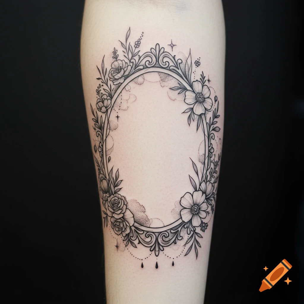 A black and white forearm tattoo featuring an oval frame surrounded by detailed bohemian floral designs with roses, wildflowers, and swirling vines.