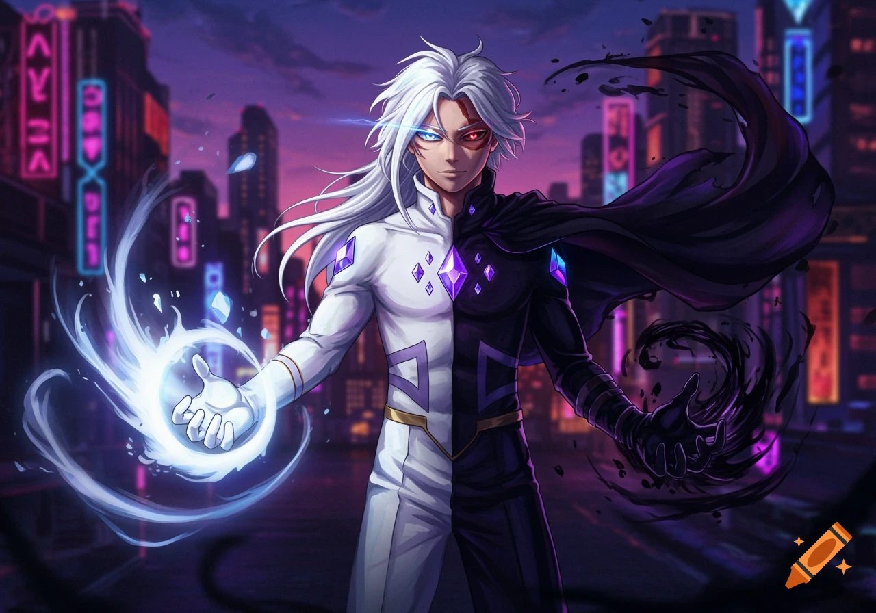Anime male character with white hair and split blue/red eyes, wearing a white and black costume, casting light and darkness in a neon-lit city.