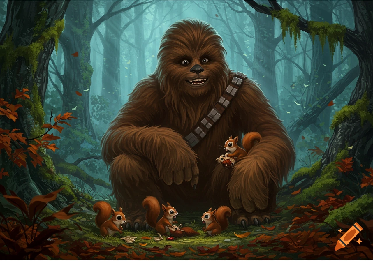 A cartoon Chewbacca sits in a forest surrounded by several squirrels, one of whom is on his arm. The forest is mystical with rays of light.