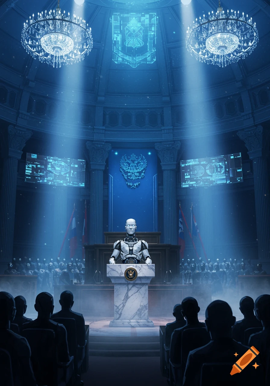 A humanoid robot delivers a speech from a podium in a grand, blue-lit futuristic hall.
