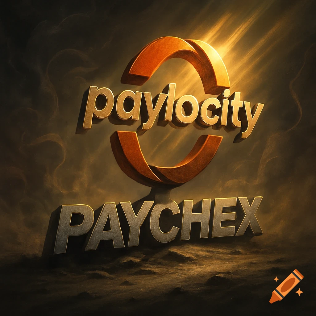 3D golden Paylocity logo stands victorious over the silver Paychex logo, on a dark, rocky ground with dramatic lighting.