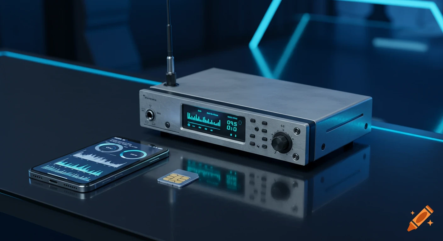 A photorealistic image of a silver radio base with an antenna, a smartphone displaying charts, and a SIM card on a dark reflective surface with blue neon lights.