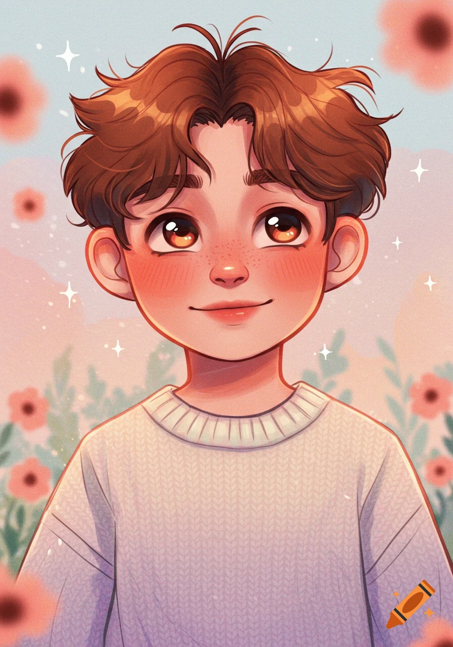 A cute, smiling cartoon boy with brown hair and freckles wearing a white sweater, surrounded by pink flowers and sparkles.