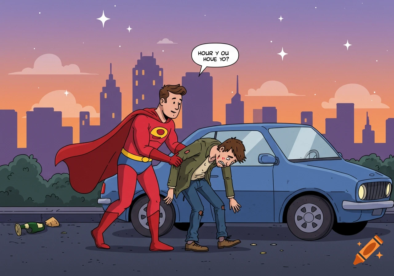 A cartoon superhero in a red suit helps a disheveled, stumbling drunk man next to a blue car on a city street at sunset.