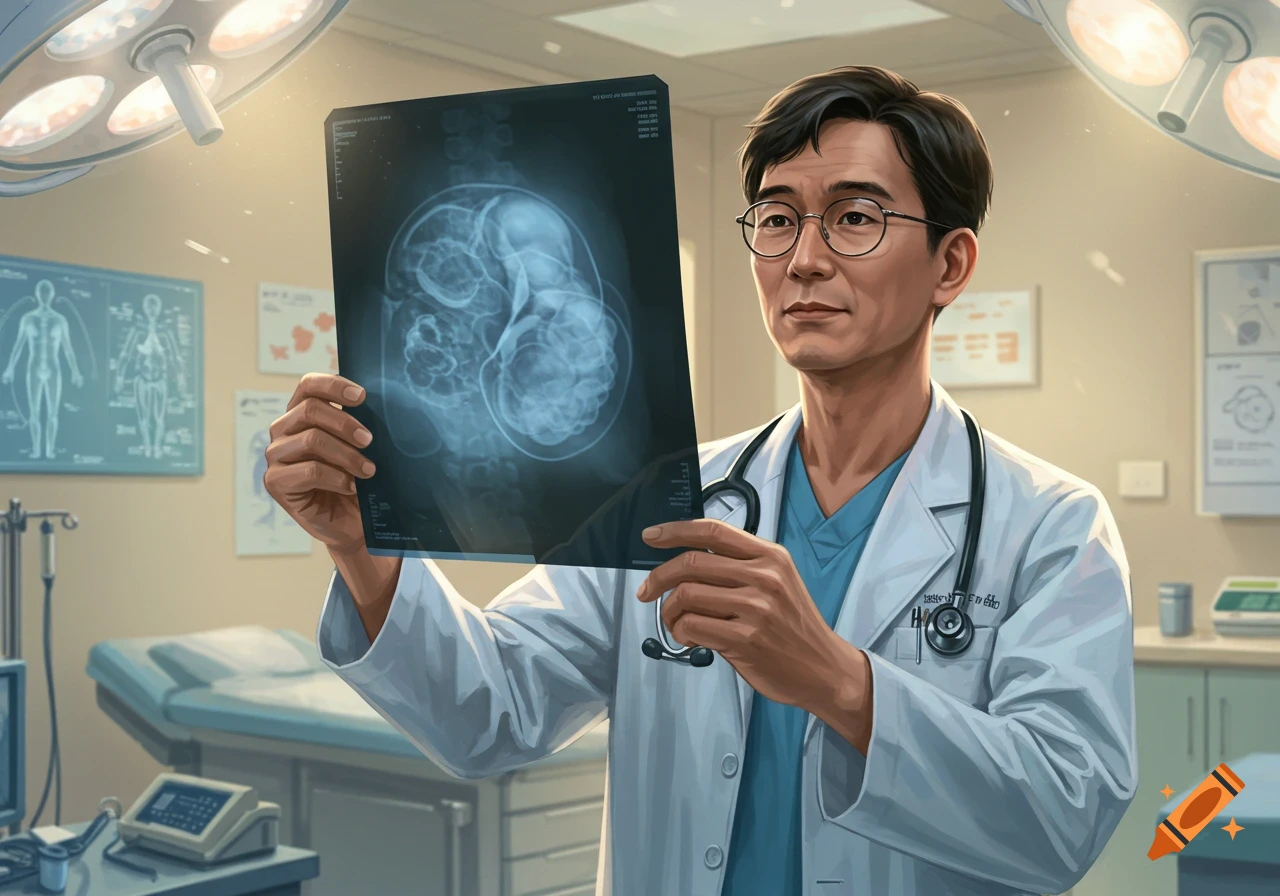 A male doctor wearing a white lab coat and glasses holds up an X-ray film in a brightly lit operating room.