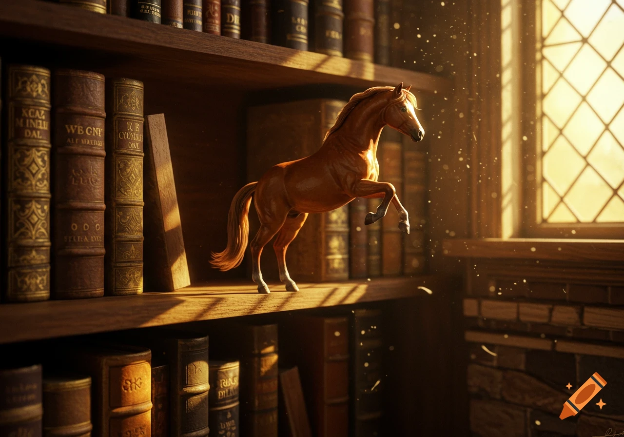 A photorealistic brown horse statue rears up on a wooden bookshelf, bathed in golden light from a nearby window.