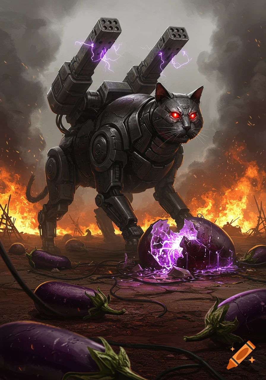A heavily armored black mech-cat with red eyes and shoulder rocket launchers stands over a broken glowing purple object on a fiery post-apocalyptic battlefield.
