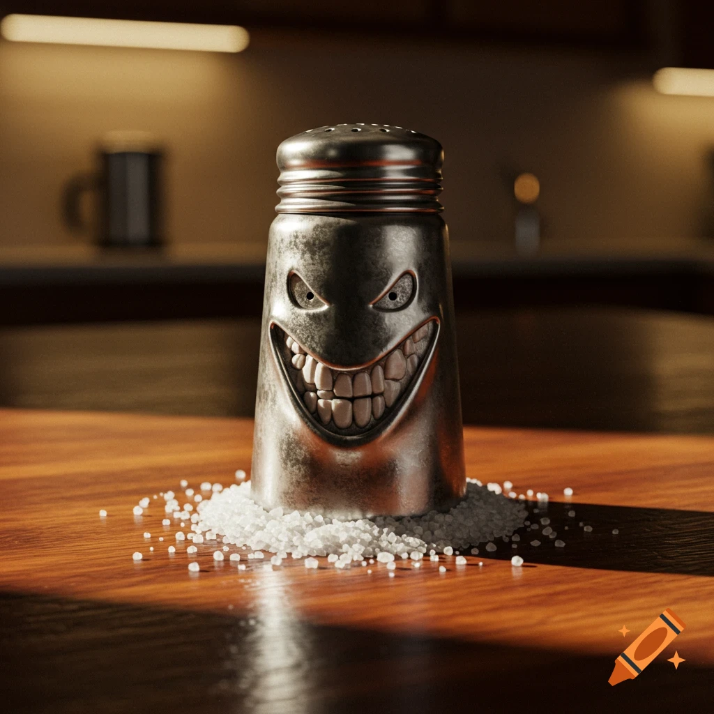 A metallic salt shaker with an evil grin and glowing eyes sits on a wooden table, surrounded by salt grains.