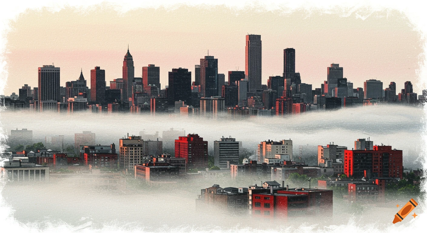 Pencil art style cityscape with skyscrapers emerging from dense fog during sunset.