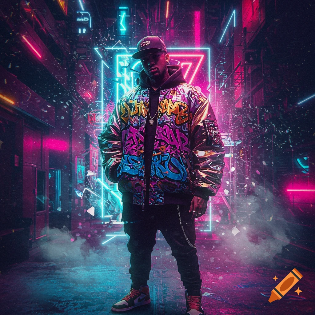 A man in a colorful graffiti jacket and cap stands in a vibrant, neon-lit cyberpunk alley.