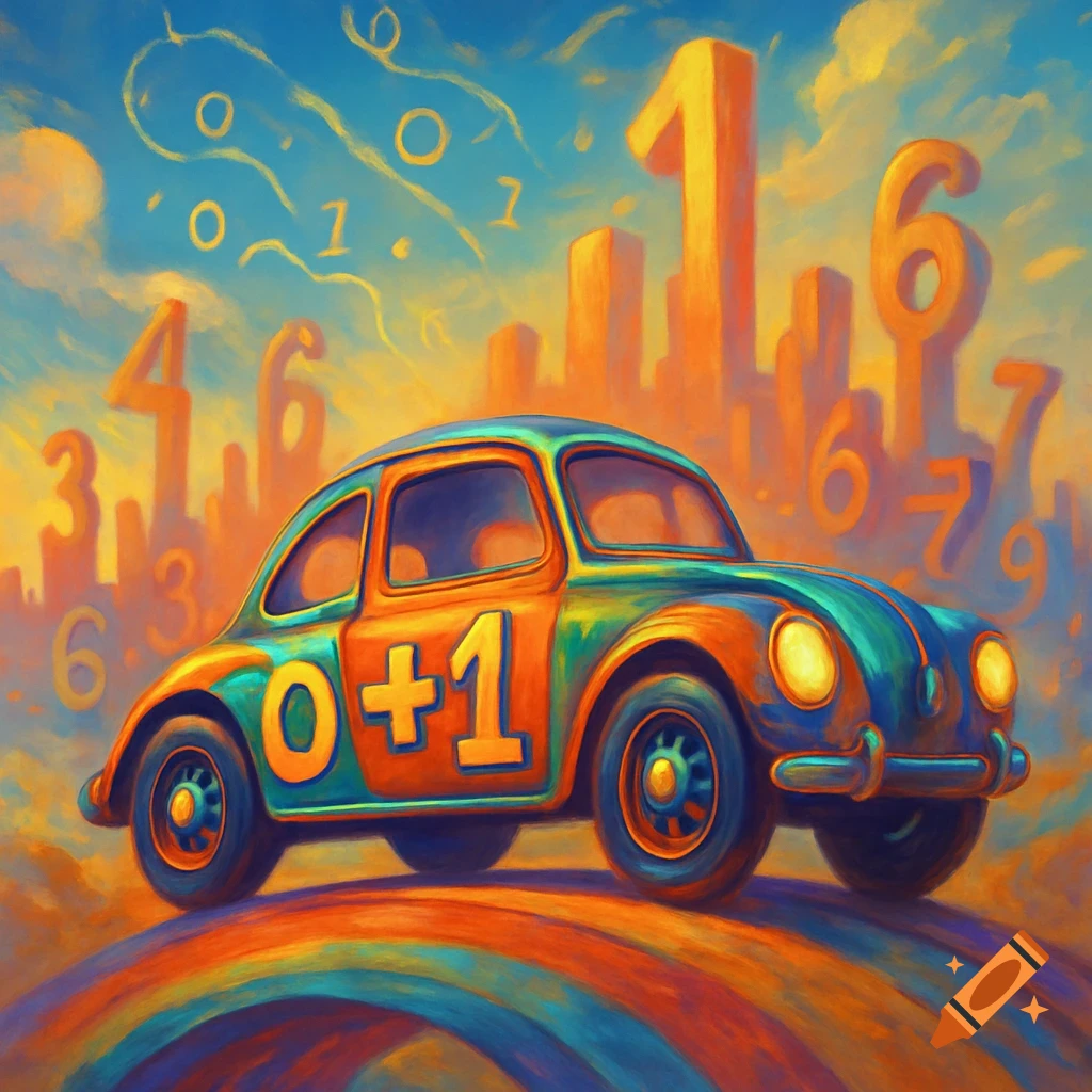 A colorful, stylized car with "0+1" on its side drives on a rainbow road towards a city made of large numbers under a blue sky with floating numbers.