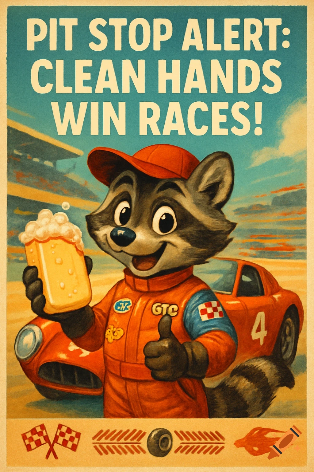 Vintage poster of a cartoon raccoon racer holding a frothy drink, giving thumbs up, with text 'PIT STOP ALERT: CLEAN HANDS WIN RACES!'
