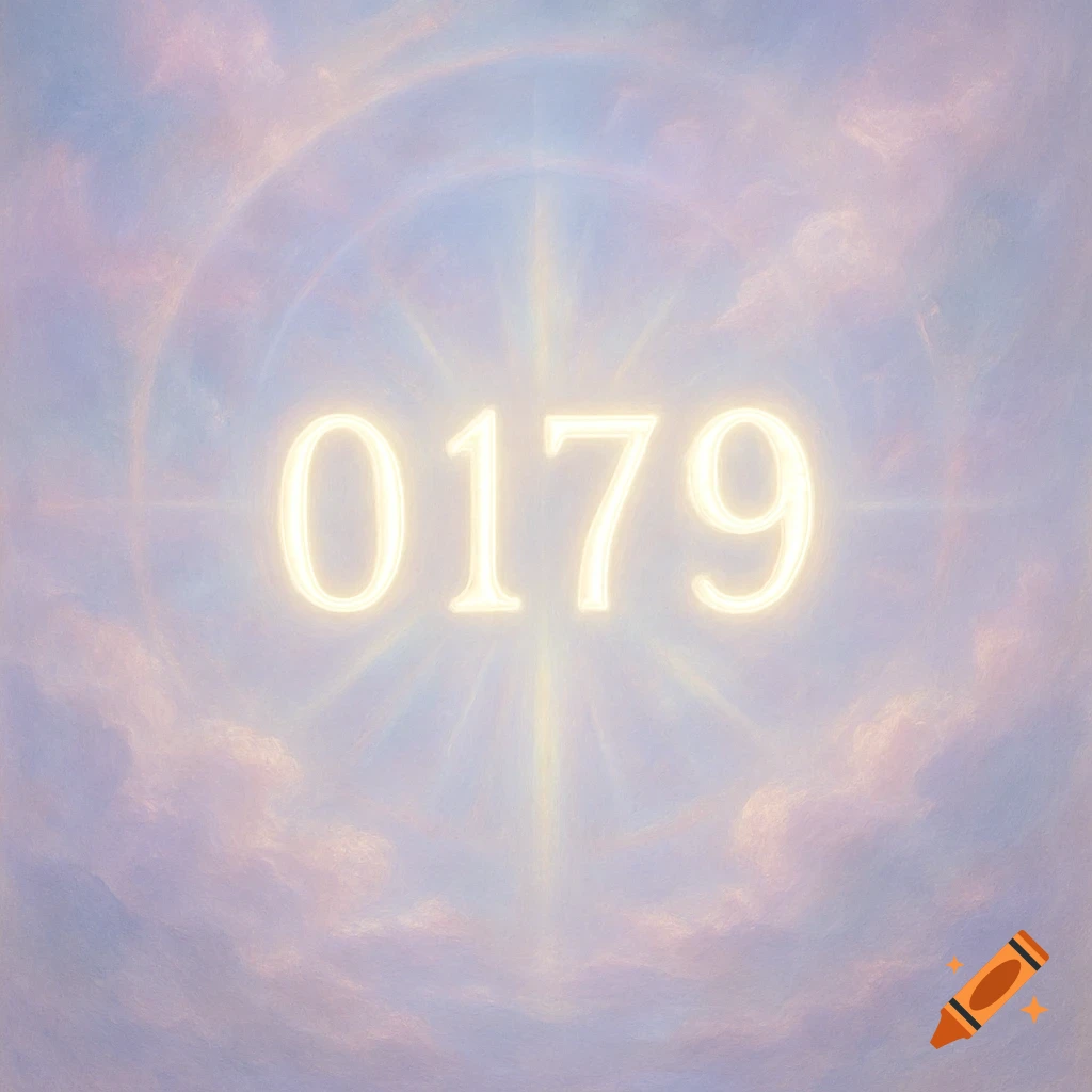 Glowing numbers 0179 in the center of a spiritual painting with ethereal clouds and light.