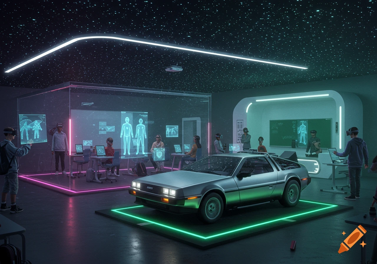 A futuristic classroom with students wearing VR headsets and interacting with holographic screens, featuring a DeLorean car on a lighted platform in the center.