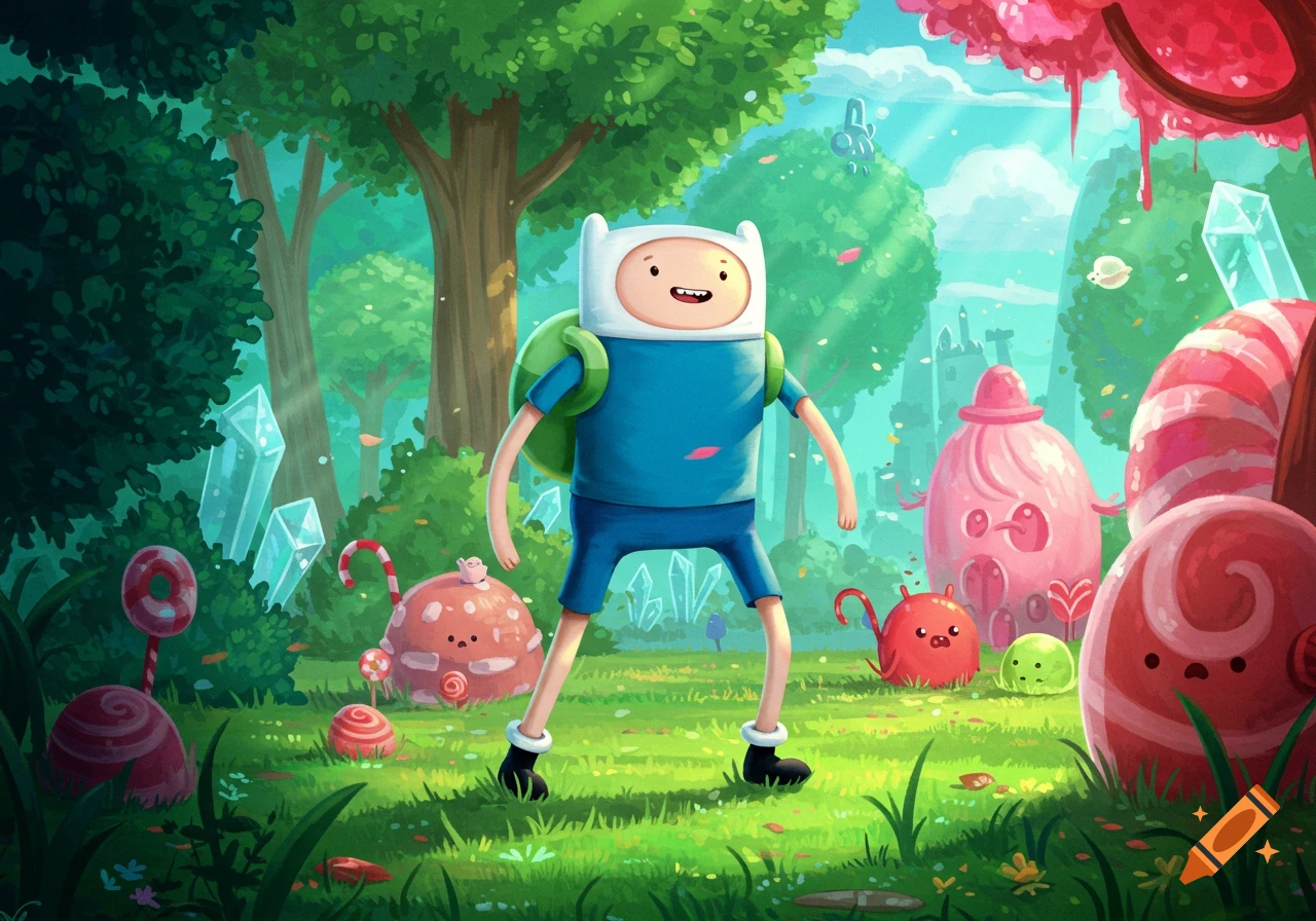 Finn the Human stands in a vibrant, whimsical forest with large crystals and various candy-like creatures, in a digital painting style.