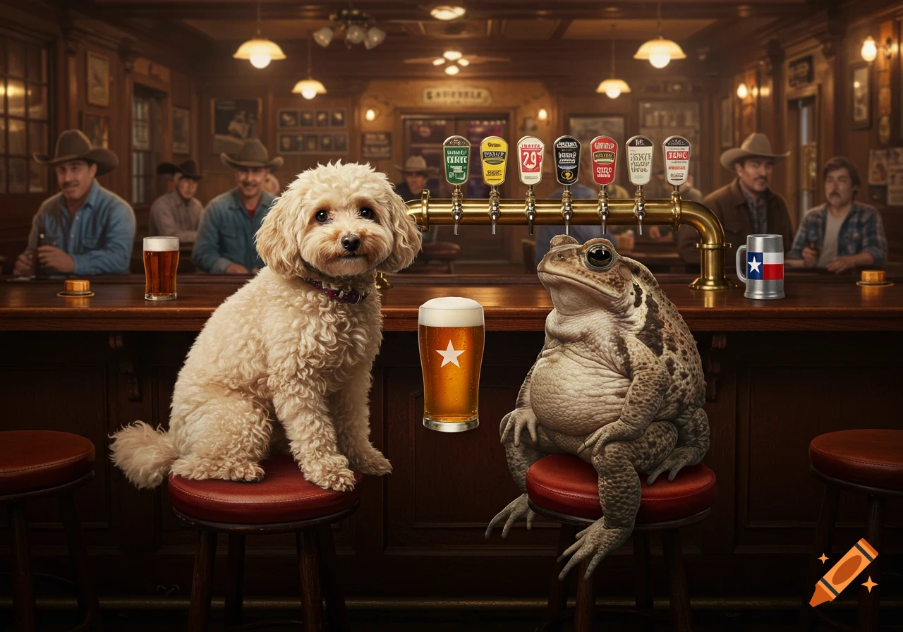 A photorealistic image of a small poodle and a large toad sitting at a bar with beer. Men in cowboy hats are in the background.