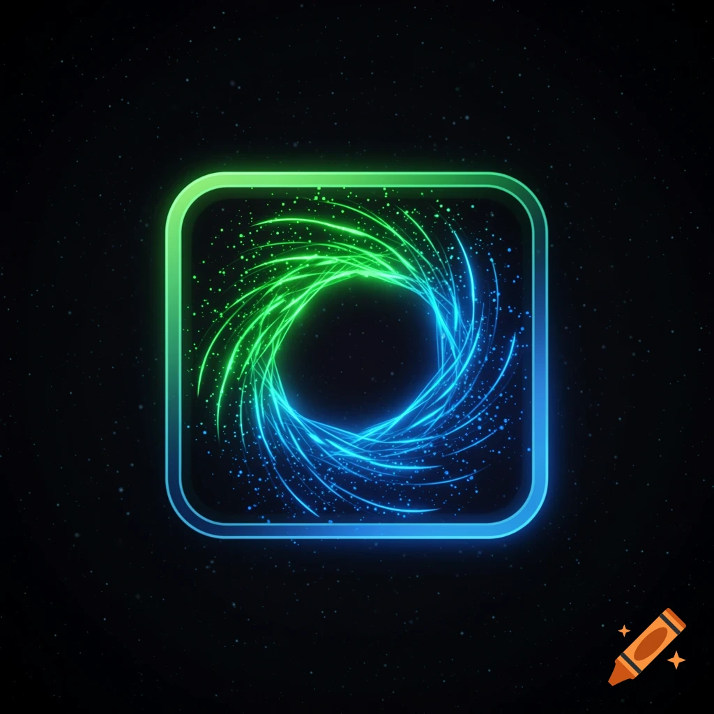 A vibrant green and blue glowing abstract spiral inside a rounded square frame on a dark background with small white dots.