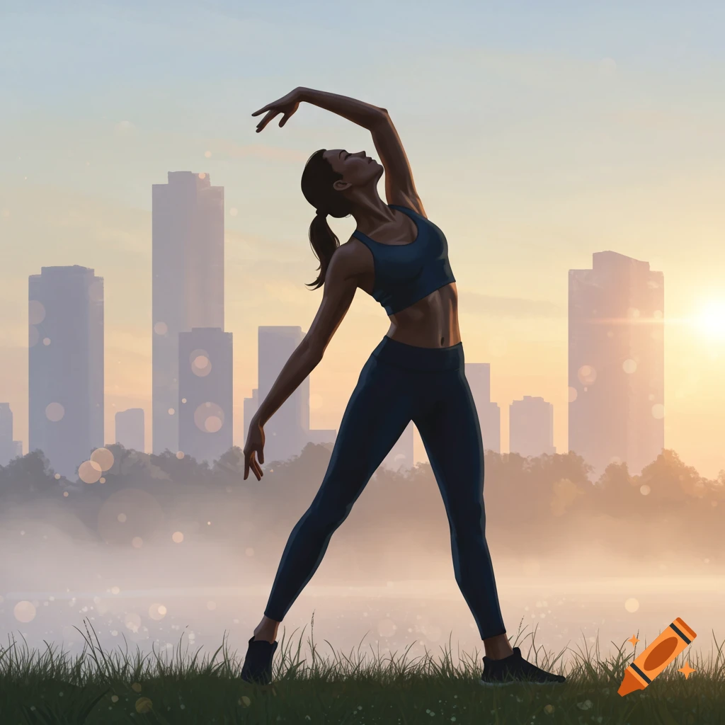 A woman in a sports bra and leggings stretches in a yoga pose against a city skyline at sunrise.