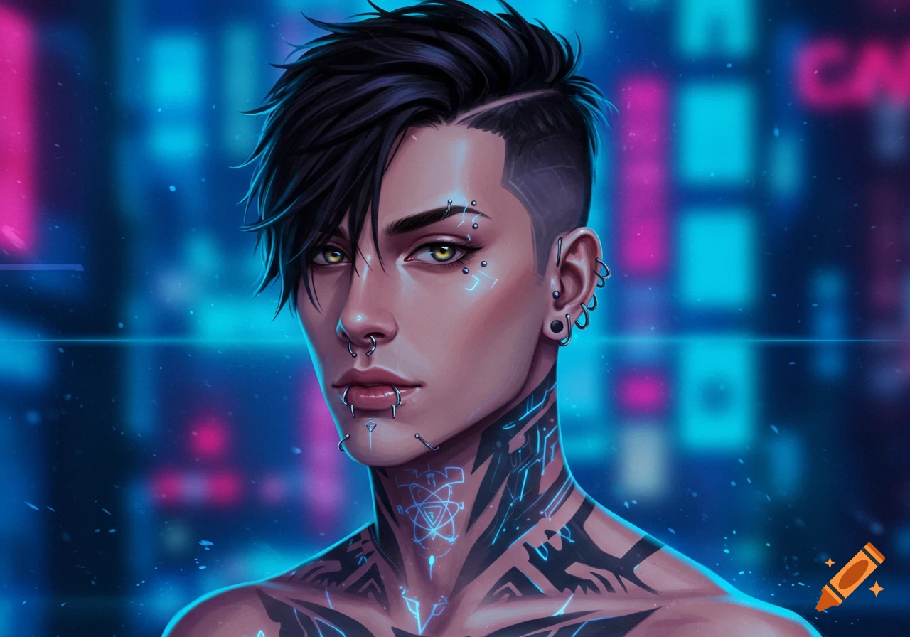 Anime-style portrait of a man with black hair, multiple facial piercings, glowing hazel eyes, and cybersigilism tattoos, against a neon cyberpunk background.