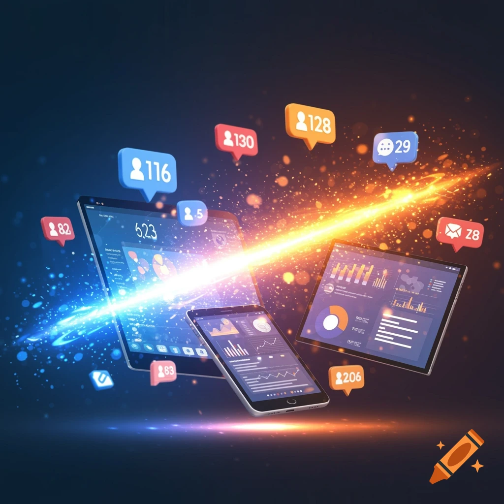 Multiple digital devices, including a tablet and smartphone, display data visualizations, surrounded by social media notification icons and vibrant light trails.