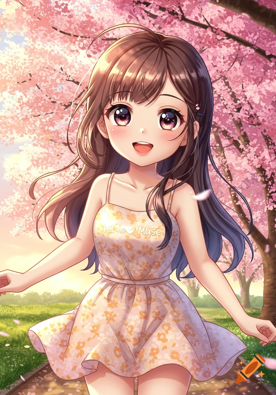 A cute anime girl with long brown hair, smiling in a floral dress amidst pink cherry blossoms on a sunny day.