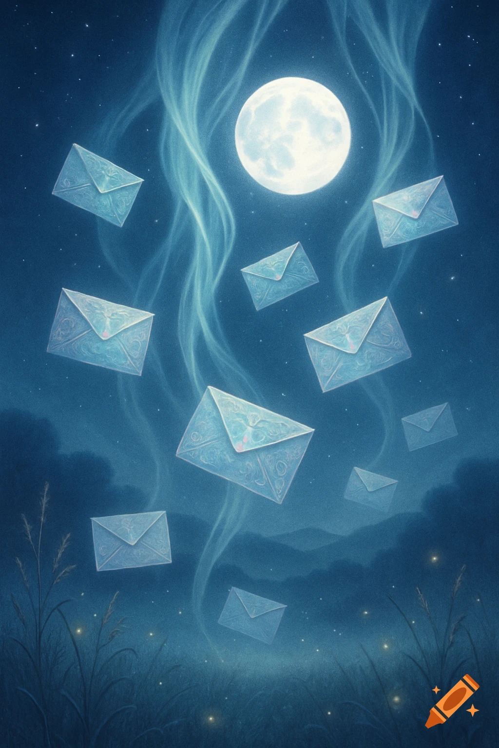 A full moon illuminates a dark night sky with glowing envelopes floating amidst light wisps above a grassy landscape.