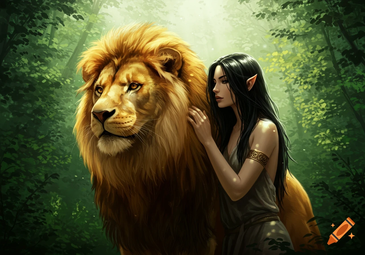 A dark-haired ethereal woman with pointed ears gently touches a majestic golden lion in a mystical, lush green forest. Fantasy art style.