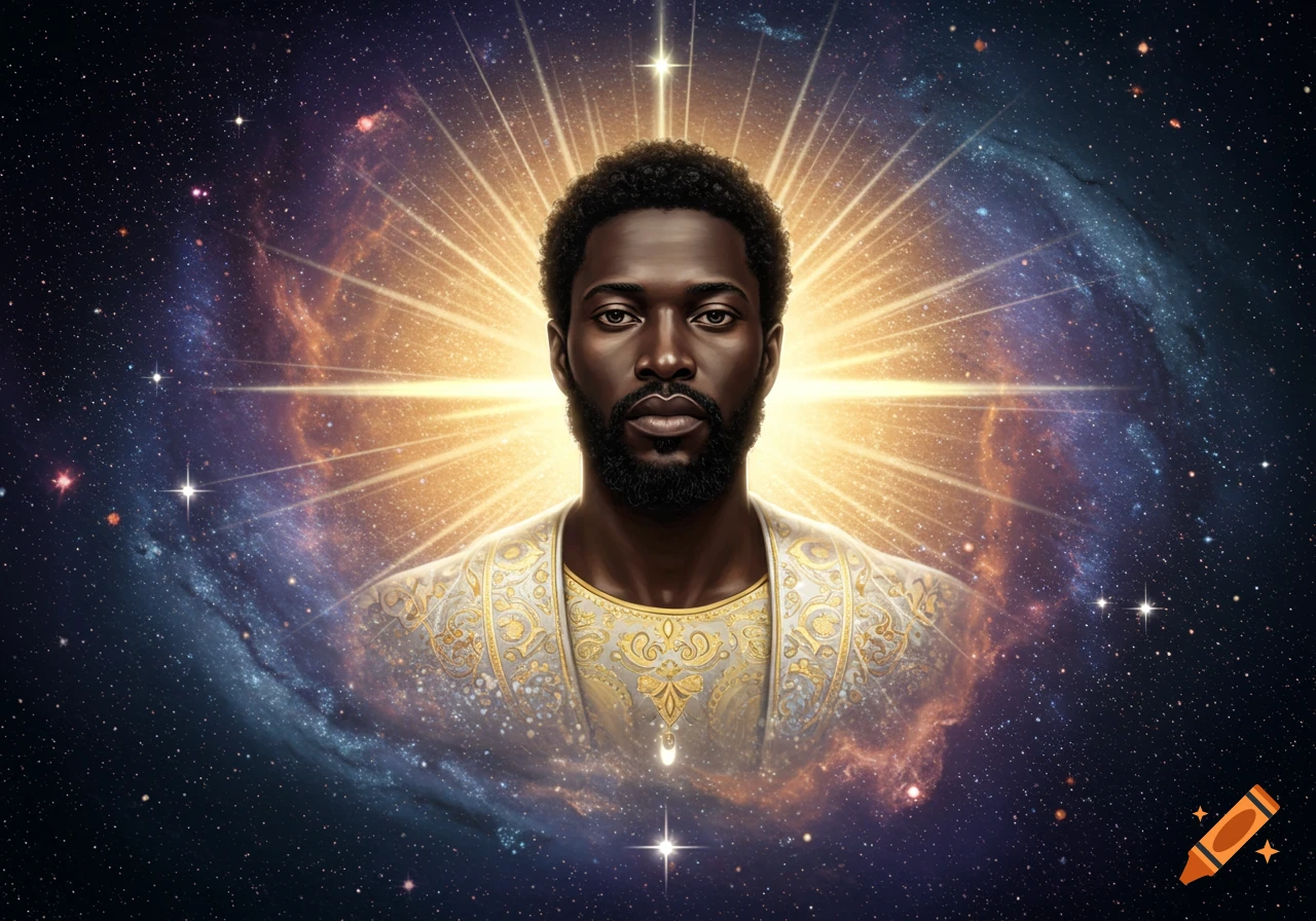 A dark-skinned man with a beard, wearing an ornate white and gold robe, radiating golden light against a swirling nebula and star-filled cosmic background.