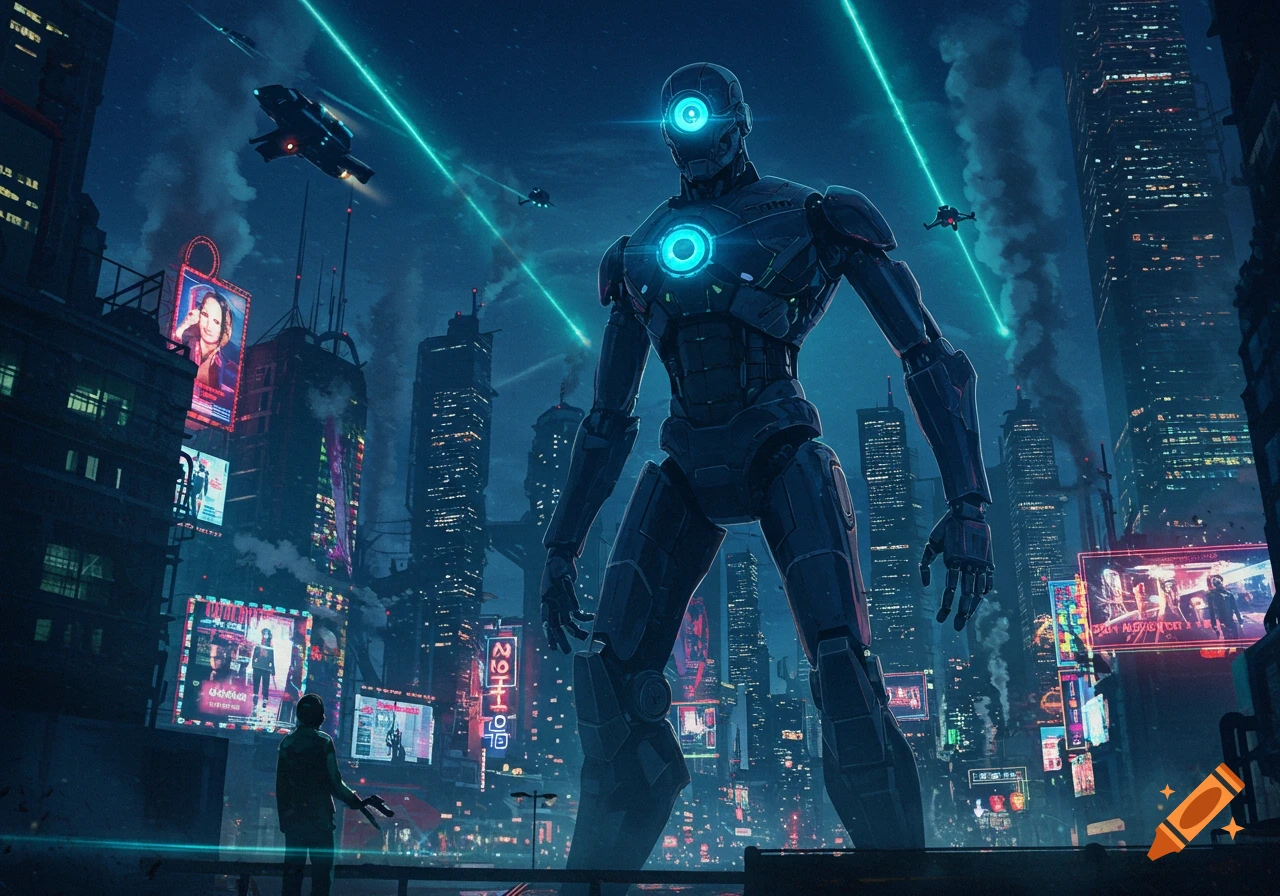 A massive one-eyed robot stands in a glowing futuristic city at night, with a small figure looking up at it and flying vehicles above.